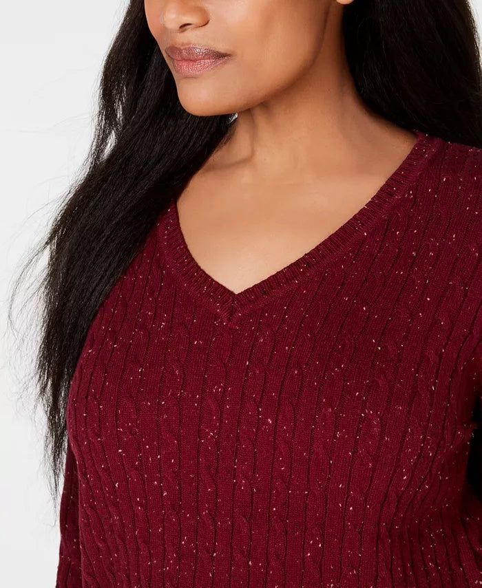 Karen Scott Women's Cable-Knit V-Neck Sweater  Red Size XX-Large