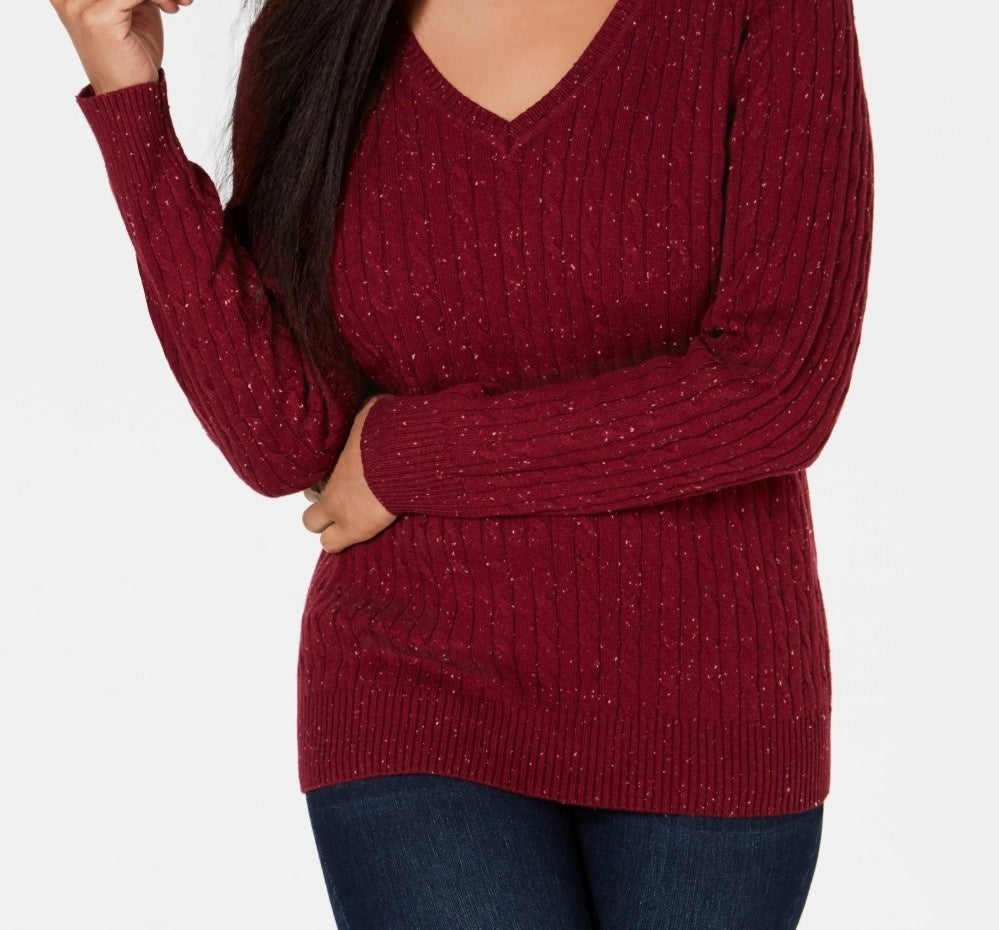 Karen Scott Women's Cable-Knit V-Neck Sweater  Red Size XX-Large