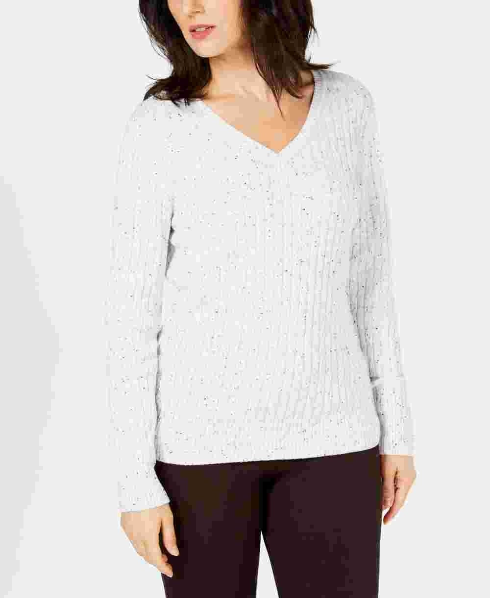 Karen Scott Women's Speckle Long Sleeve V Neck Top White Size Petite Medium
