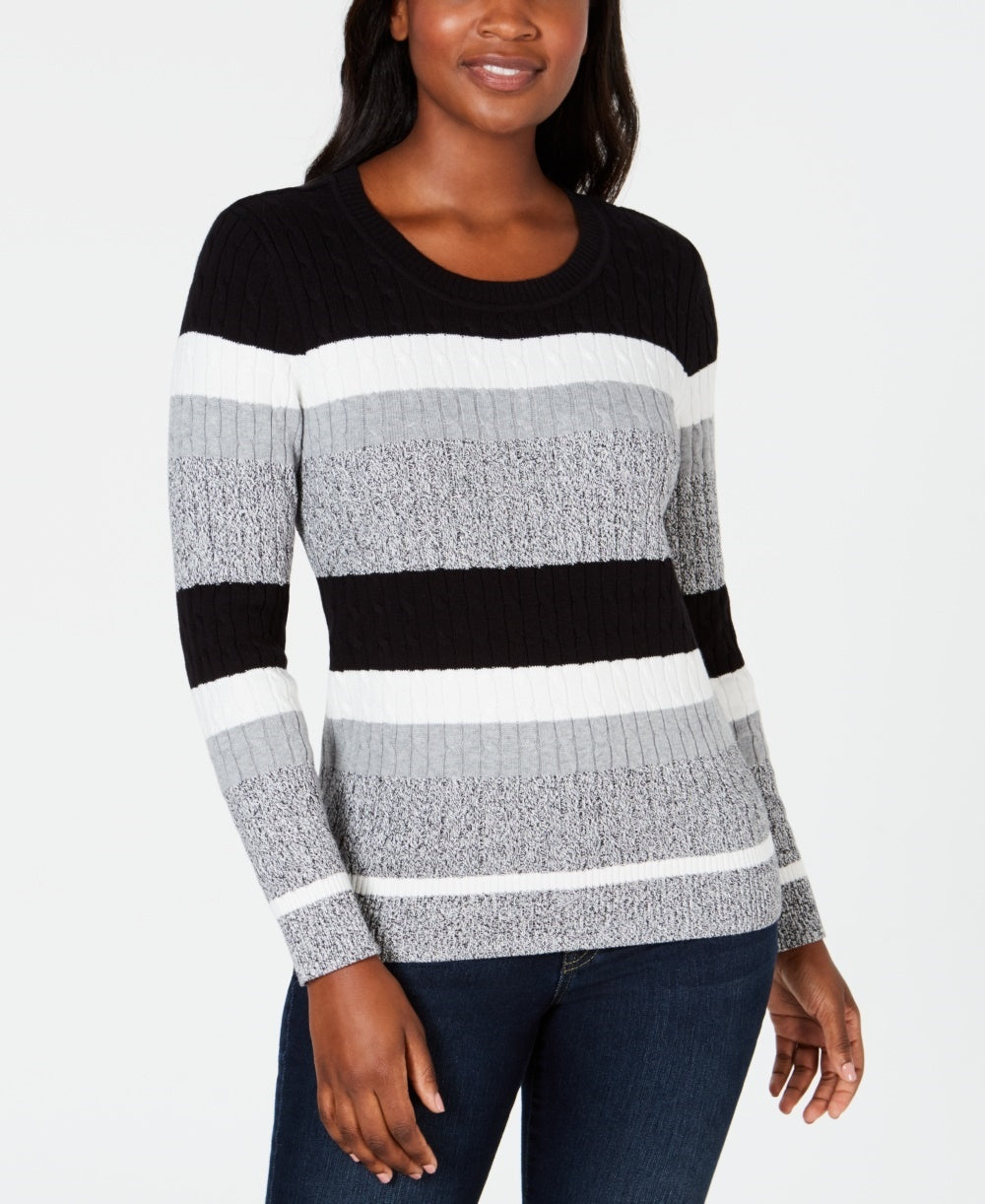 Karen Scott Women's Veronica Striped Cotton Cable Sweater Black Size X-Small