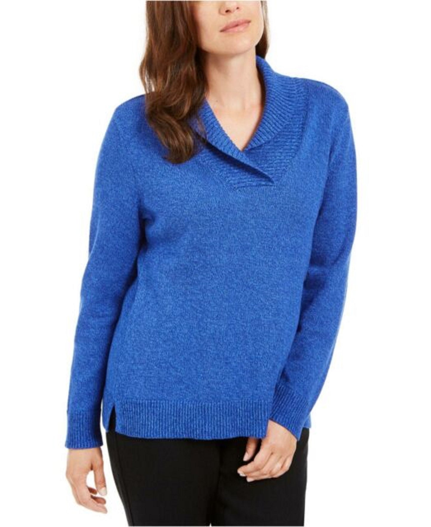 Karen Scott Women's Cotton Marled Shawl-Collar Sweater Blue Size Small