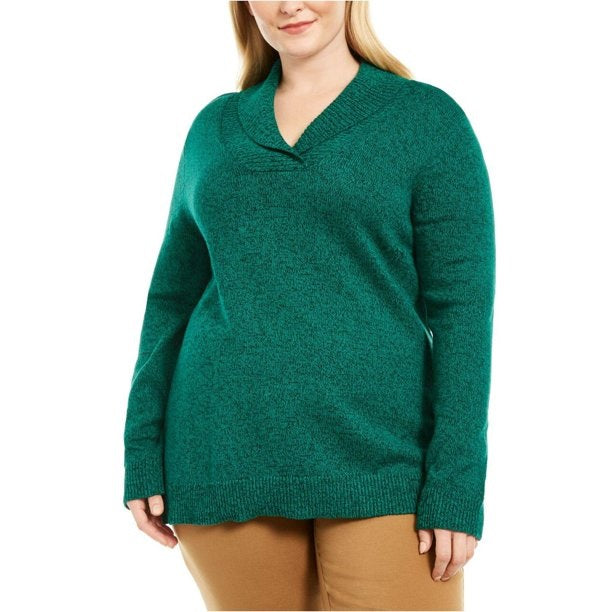 Karen Scott Women's Cotton Marled Shawl-Collar Sweater Dark Green Size Large