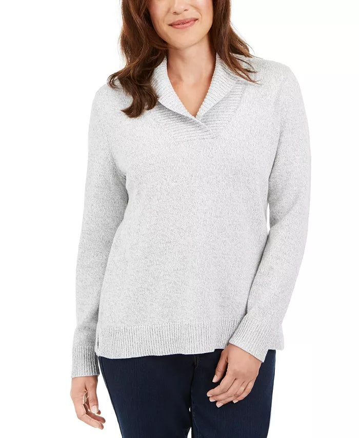 Karen Scott Women's Cotton Marled Shawl Collar Sweater Grey Size Small