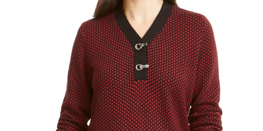 Karen Scott Women's Contrast Trim Textured Cotton Sweater Red Size Small