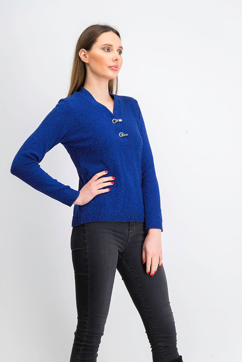 Karen Scott Women's Petite Hardware-Trim Cotton Henley Sweater Dark Blue Size  Medium
