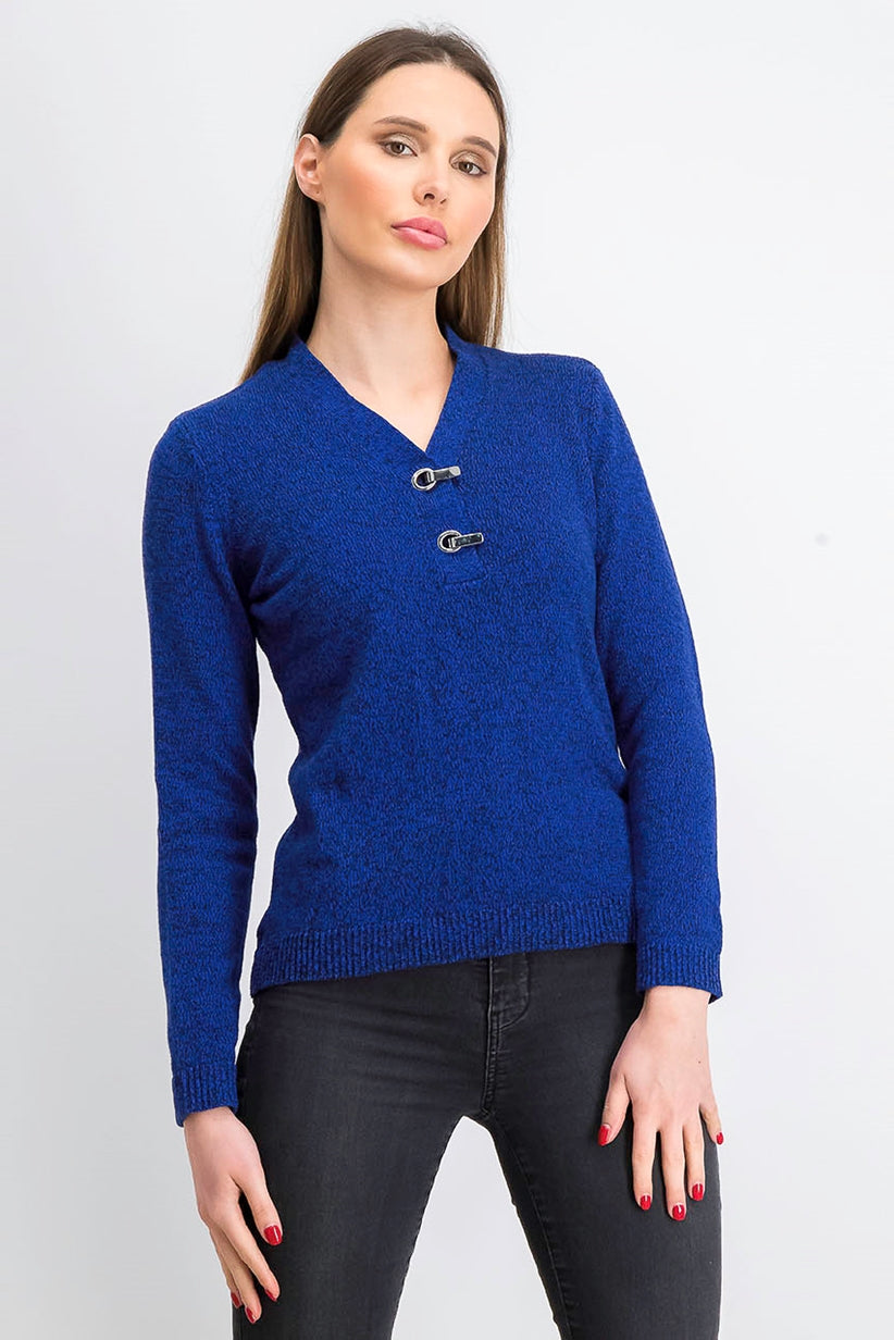 Karen Scott Women's Petite Hardware-Trim Cotton Henley Sweater Dark Blue Size Petite