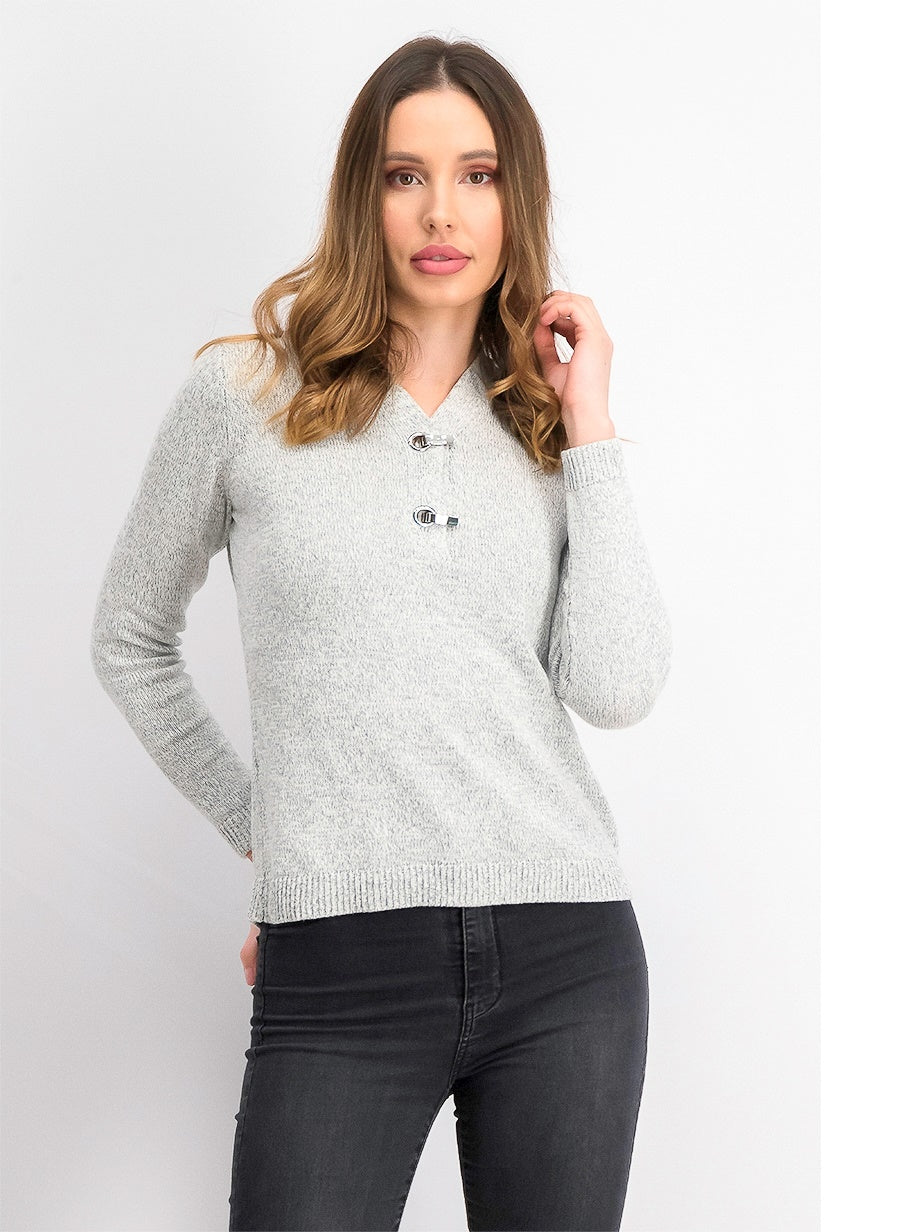 Karen Scott Women's Hardware Trim Cotton Henley Sweater Grey Size Petite Small