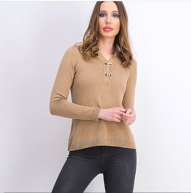 Karen Scott Women's Cotton Toggle Henley Sweater Brown Size Petite Medium