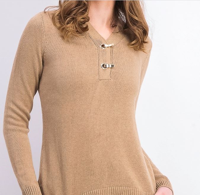 Karen Scott Women's Cotton Toggle Henley Sweater Brown Size Petite Medium