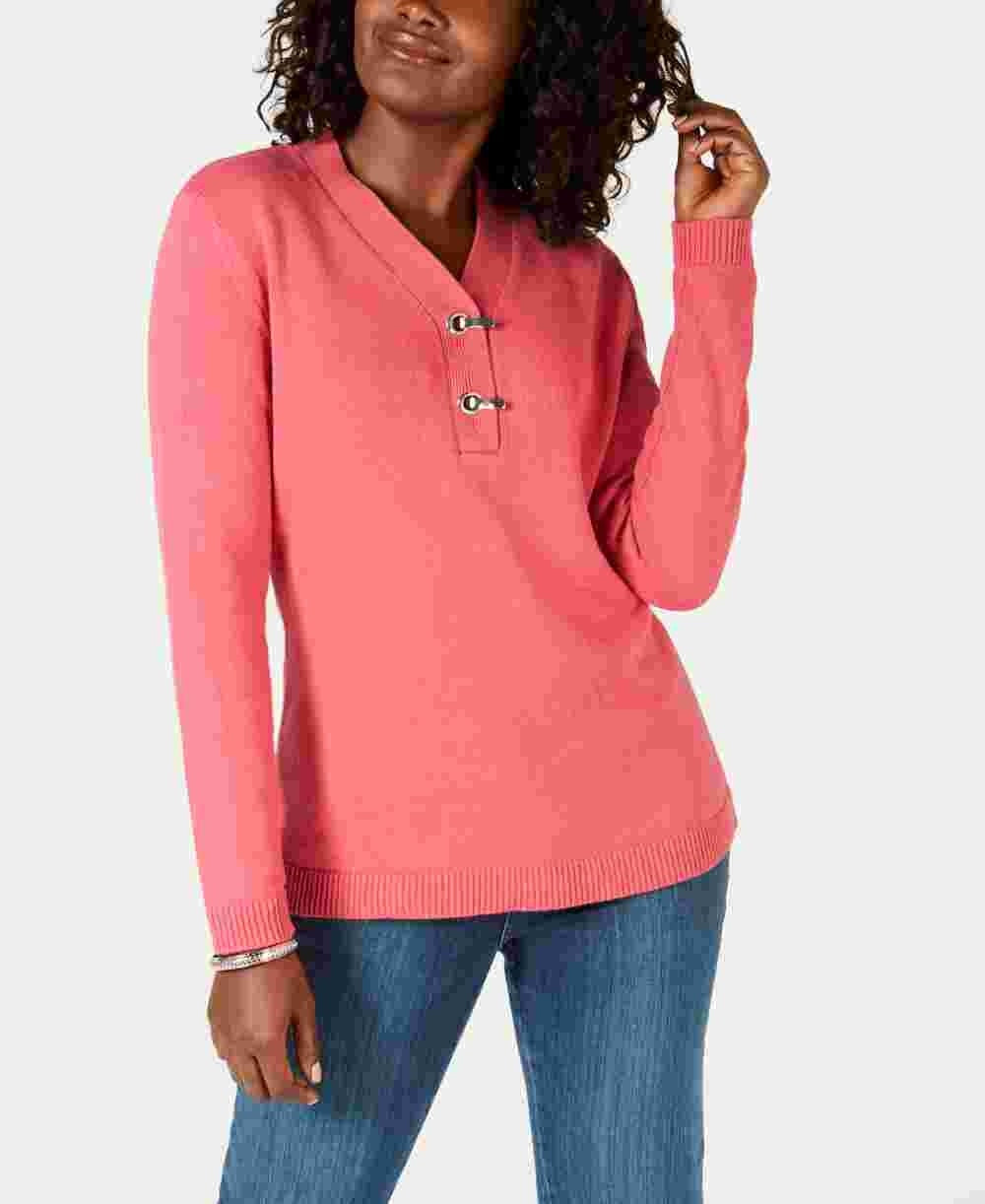 Karen Scott Women's Cotton Toggle Henley Sweater Pink Size Petite Small