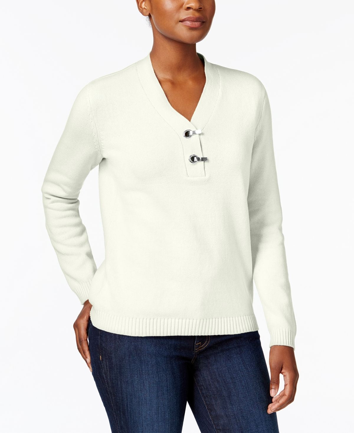 Karen Scott Women's Cotton Toggle Henley Sweater White Size Petite Medium