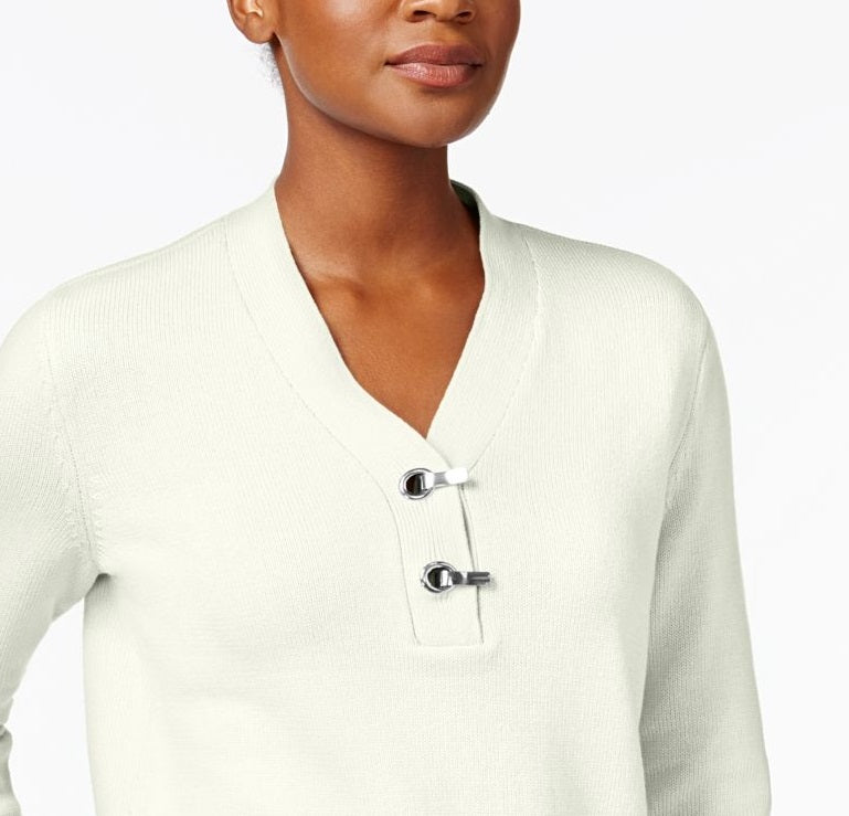 Karen Scott Women's Cotton Toggle Henley Sweater White Size Petite Medium