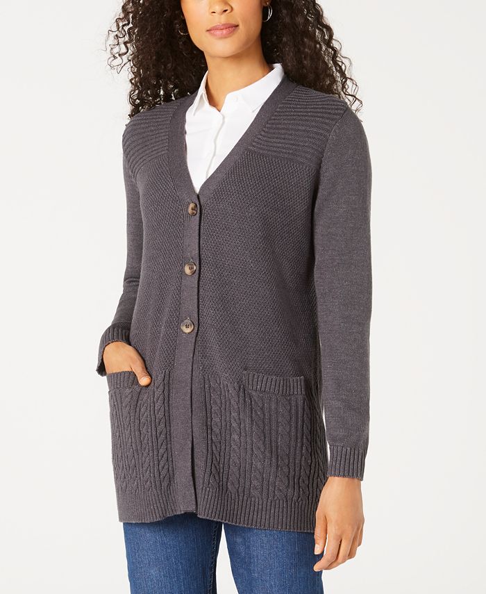 Karen Scott Women's Mixed-Stitch Button-Front Cardigan Charcoal Size Extra Small