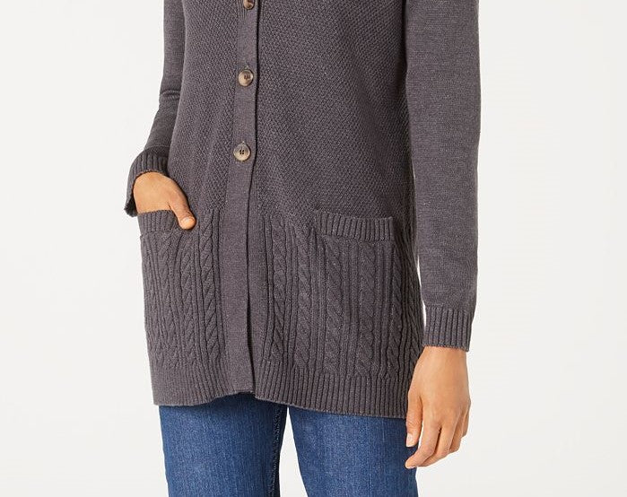 Karen Scott Women's Mixed-Stitch Button-Front Cardigan Charcoal Size Extra Small