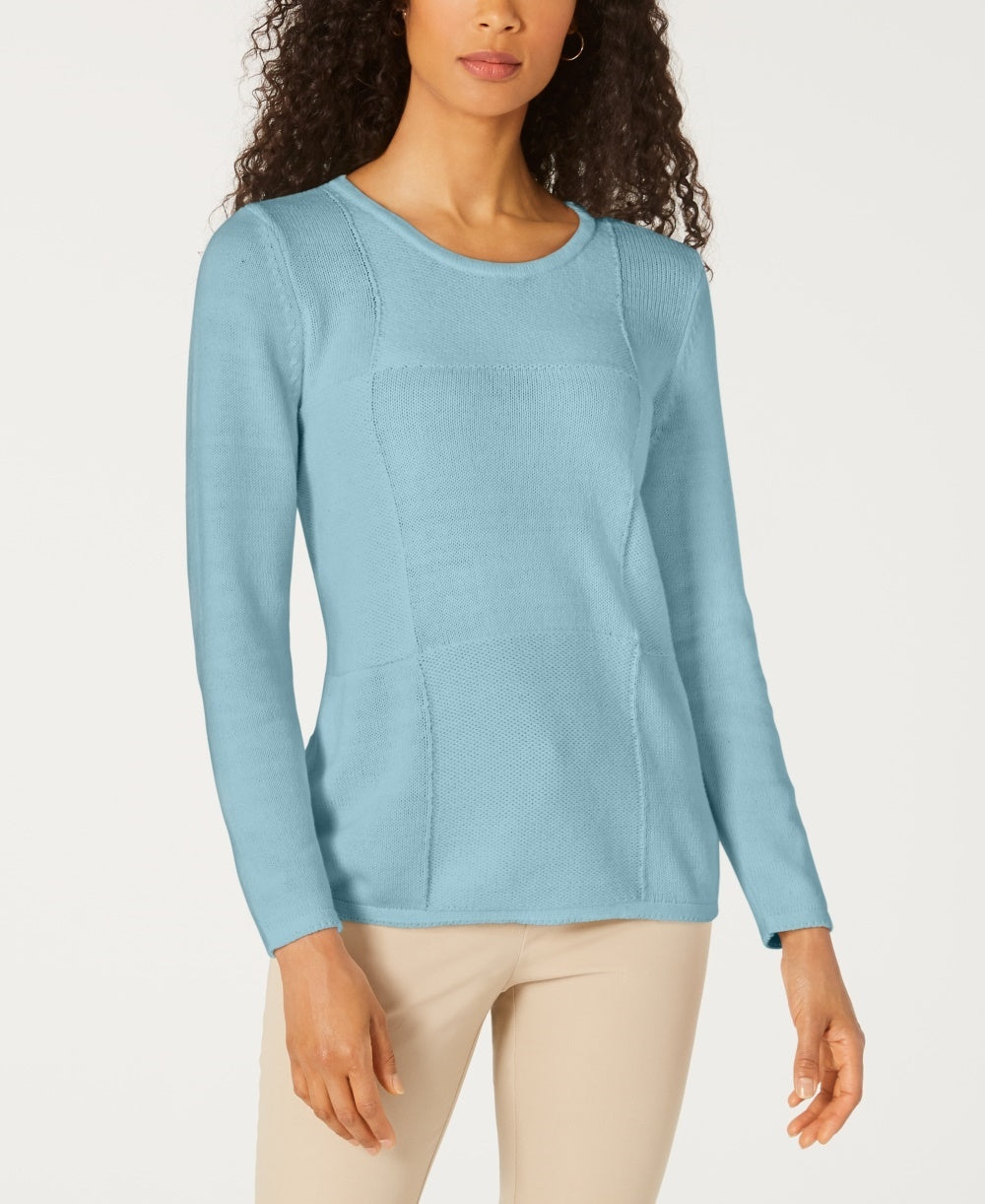 Karen Scott Women's Patchwork-Stitch Pullover Sweater Blue Size Small