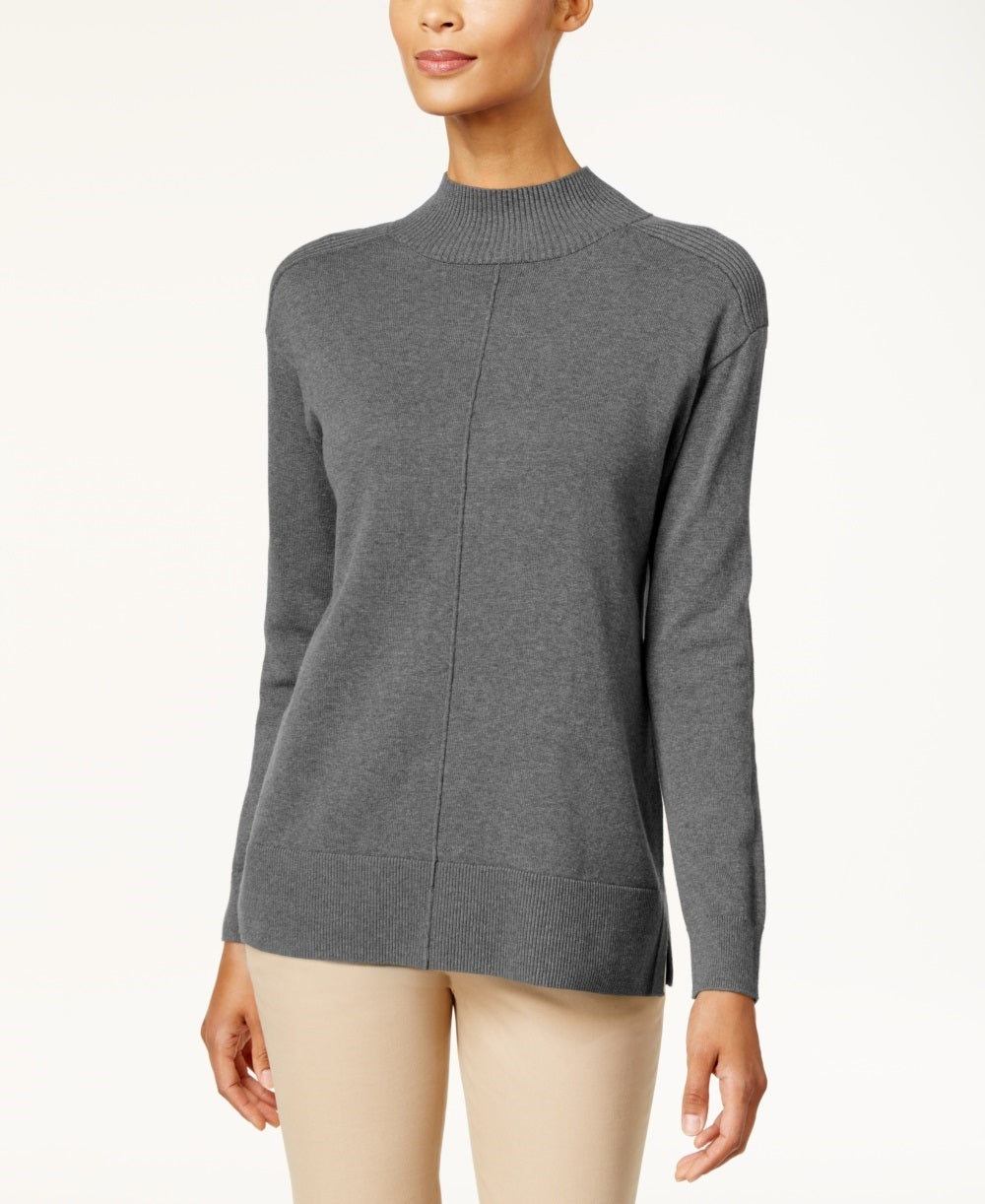 Karen Scott Women's Seam Detail Cotton Mock Neck Sweater Charcoal Size Medium