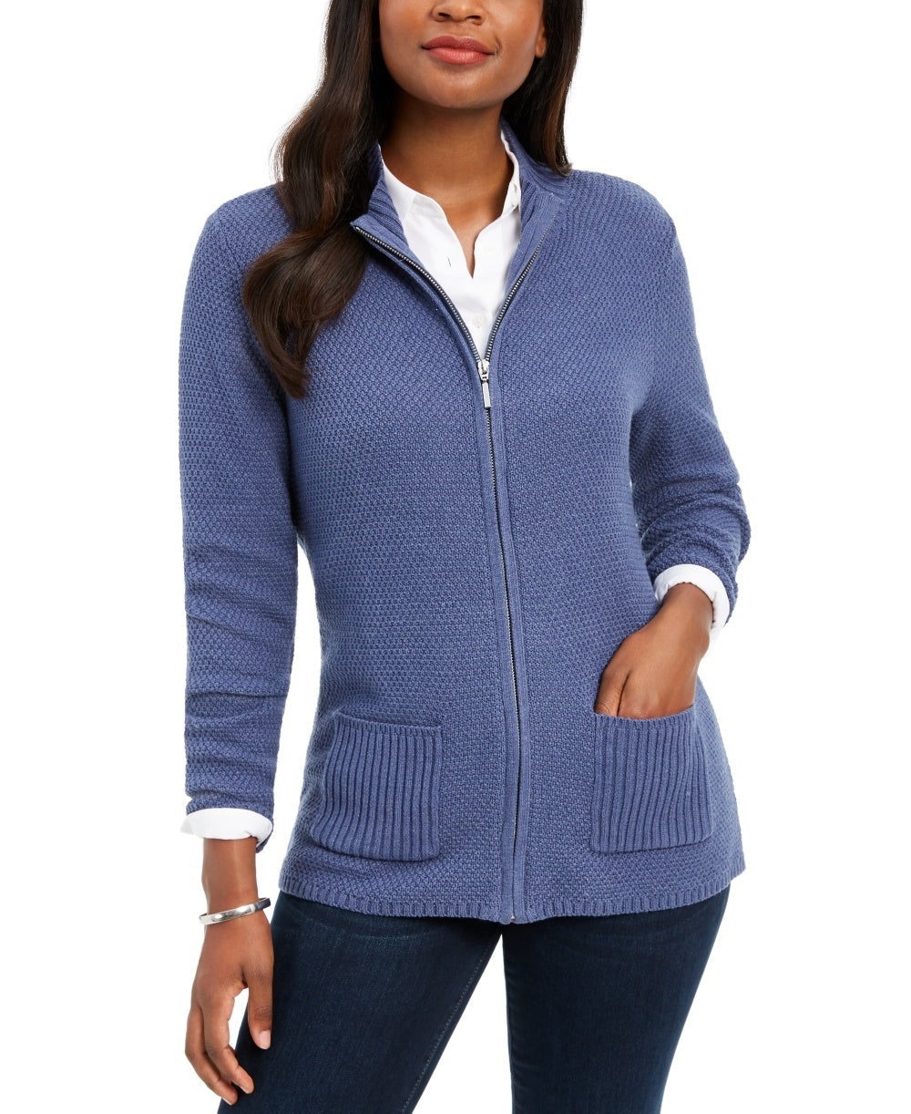 Karen Scott Women's Textured Zip Front Cardigan Blue Size X-Small