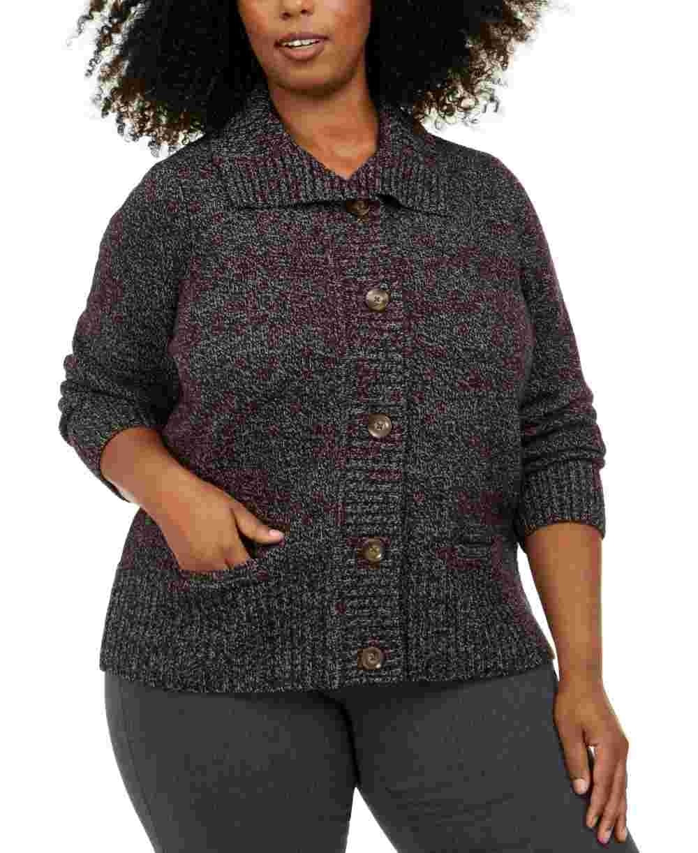 Karen Scott Women's Plus Marled Wing Collar Cardigan Black Size 1X