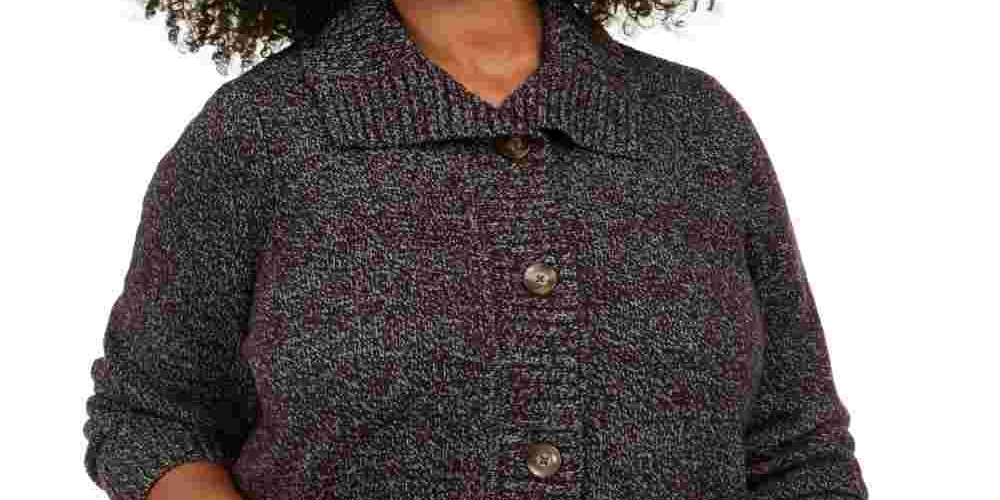 Karen Scott Women's Plus Marled Wing Collar Cardigan Black Size 1X