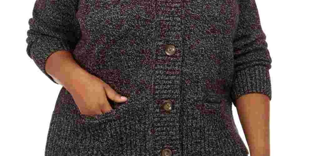 Karen Scott Women's Plus Marled Wing Collar Cardigan Black Size 1X