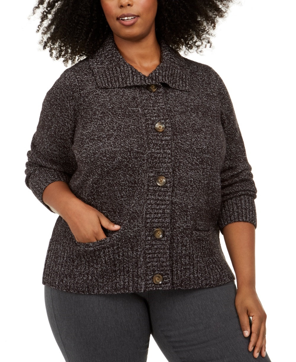 Karen Scott Women's Plus Marled Wing Collar Cardigan Black Size 2X