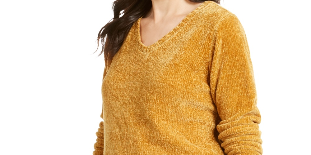 Karen Scott Women's V-Neck Chenille Sweater Gold Size XX-Large