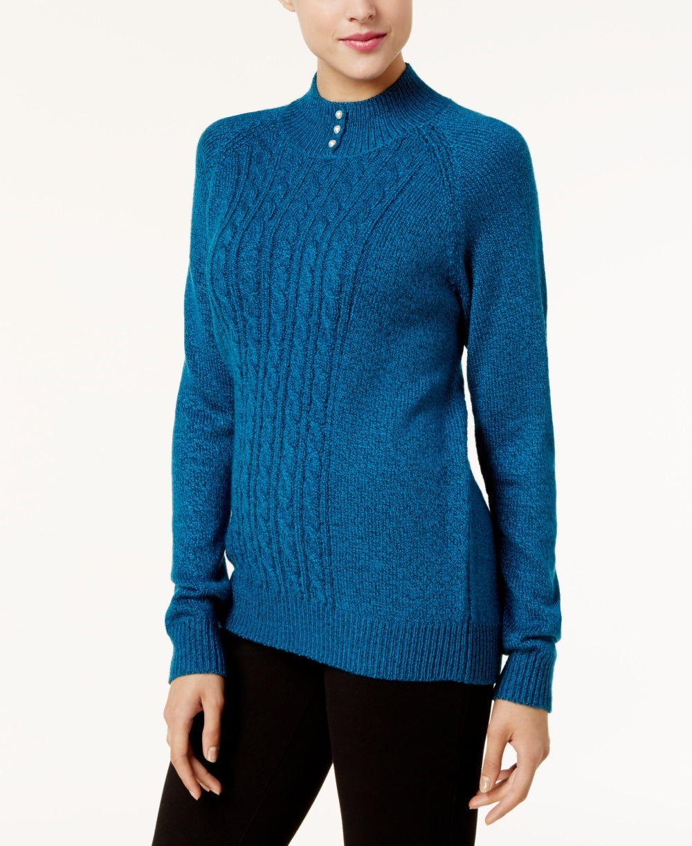 Karen Scott Women's Mock Neck Cable Knit Sweater Blue Size Petite Small