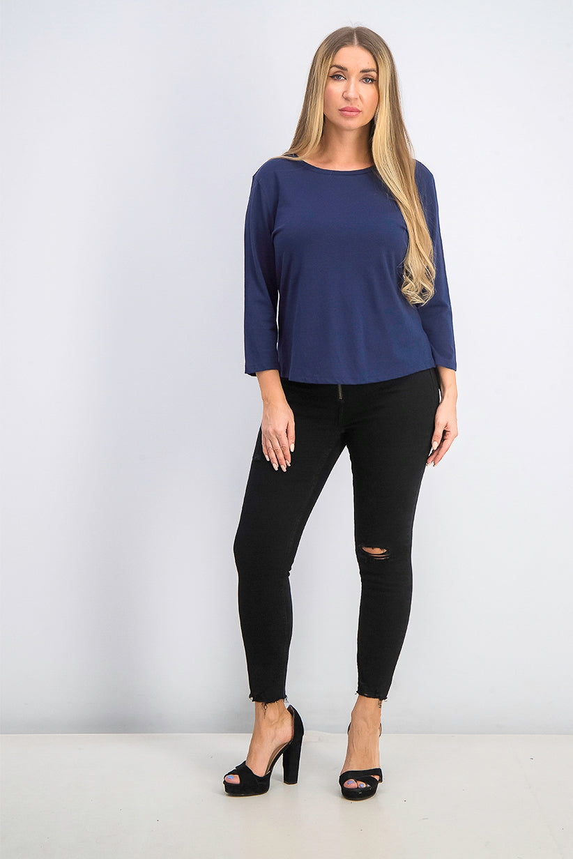 Maison Jules Women's 3/4 Sleeve Solid T-Shirt Navy Size Small