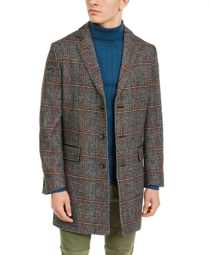 INC International Concepts Men's Logan Plaid Topcoat Grey Size Small