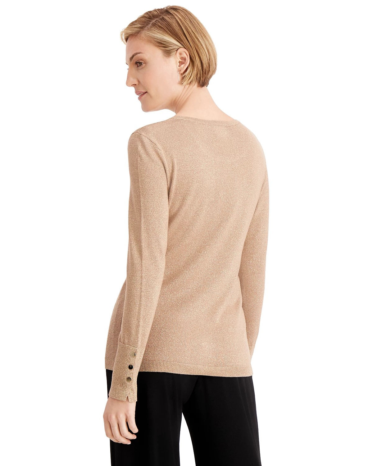 JM Women's Collection Button-Cuff Crewneck Sweater Gold Size Large