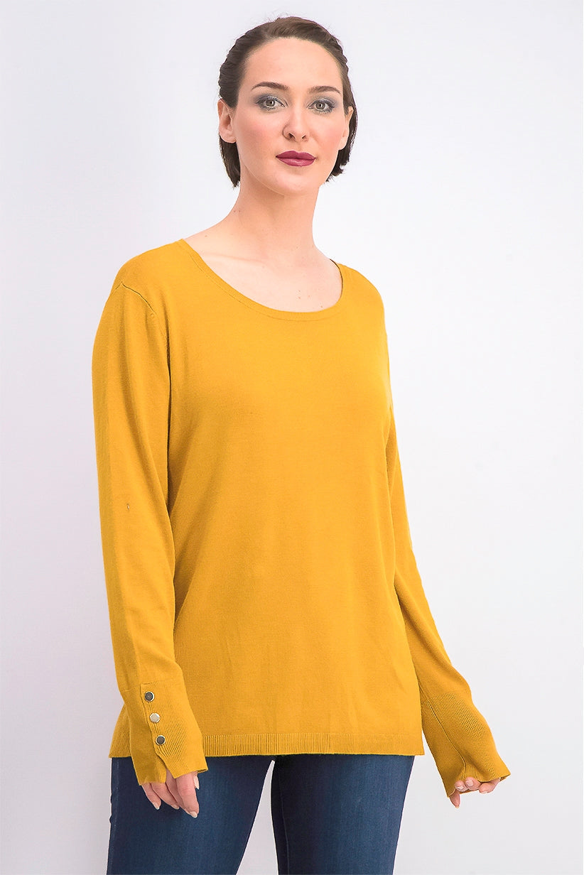 JM Women's Collection Button-Cuff Crewneck Sweater Gold Size Medium