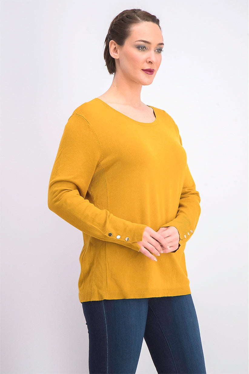 JM Women's Collection Button-Cuff Crewneck Sweater Gold Size Medium