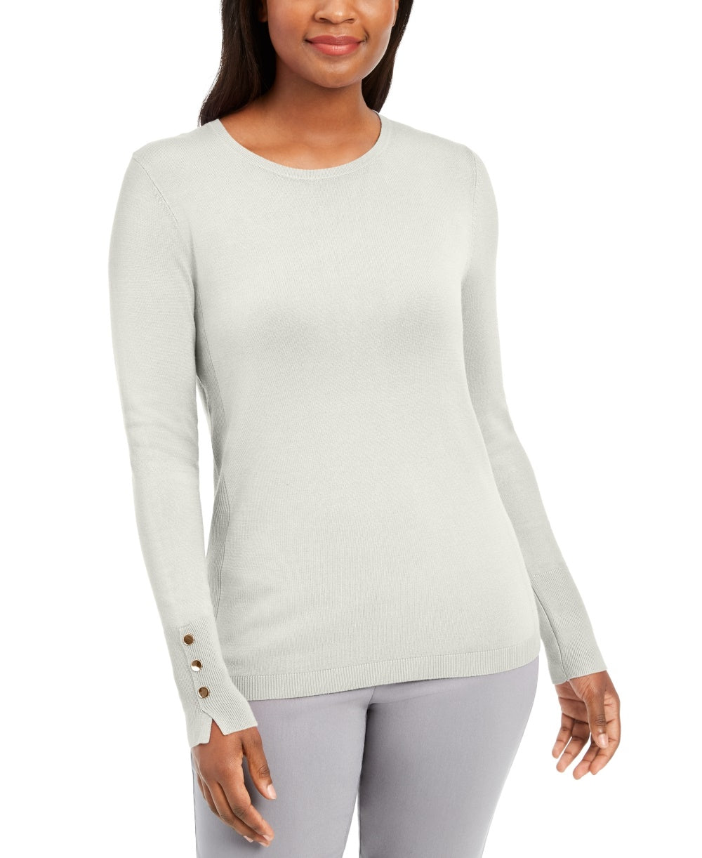 JM Collection Women's Button-Cuff Crewneck Sweater White Size Small