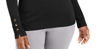 JM Collection Women's Button Cuff Crewneck Sweater Black Size Petite Large