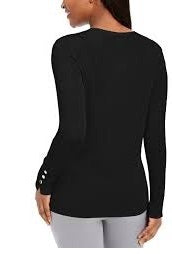 JM Collection Women's Button Cuff Crewneck Sweater Black Size Petite Large
