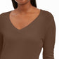 JM Collection Women's Embellished Sleeve V Neck Sweater Brown Size Small