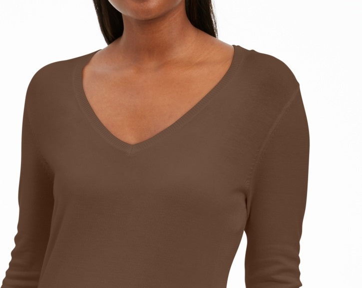 JM Collection Women's Embellished Sleeve V Neck Sweater Brown Size Small