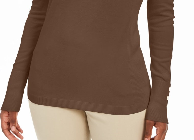 JM Collection Women's Embellished Sleeve V Neck Sweater Brown Size Small
