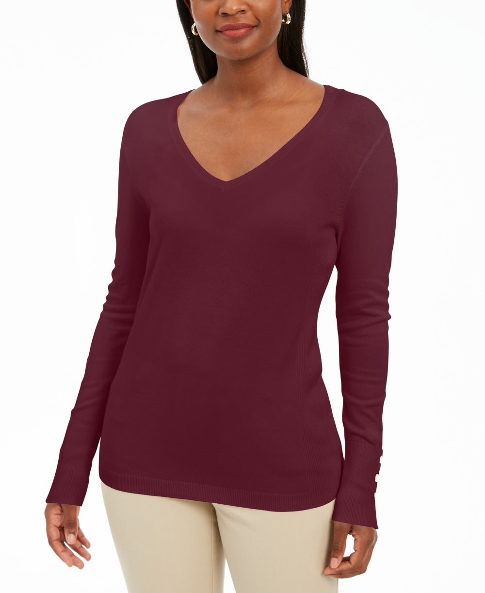JM Collection Women's Embellished Sleeve V Neck Sweater Red Size X-Large