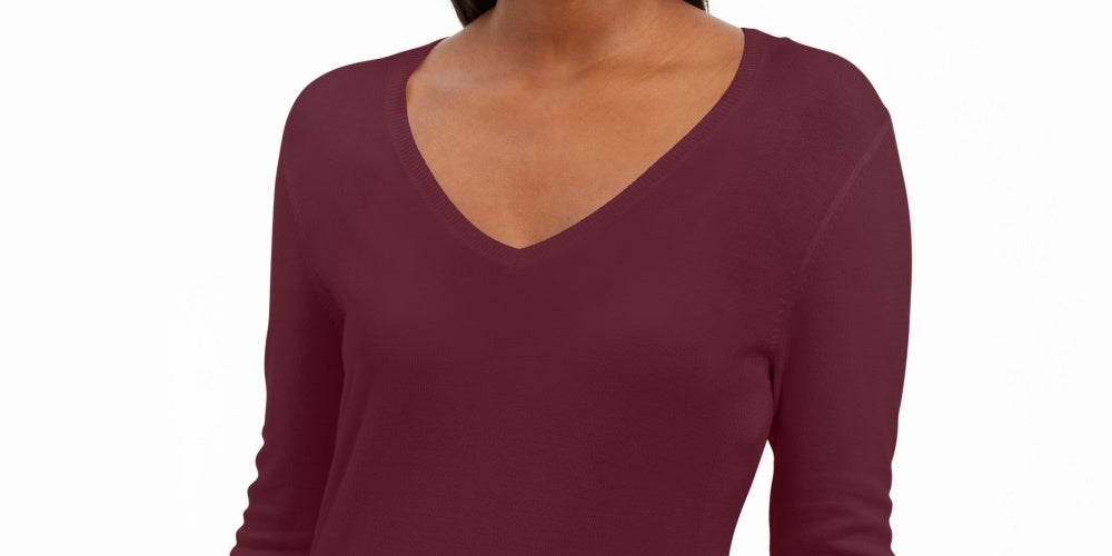 JM Collection Women's Embellished Sleeve V Neck Sweater Red Size X-Large