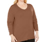 JM Collection Women's Solid Long Sleeve Scoop Neck T-Shirt Top Brown Size 1X