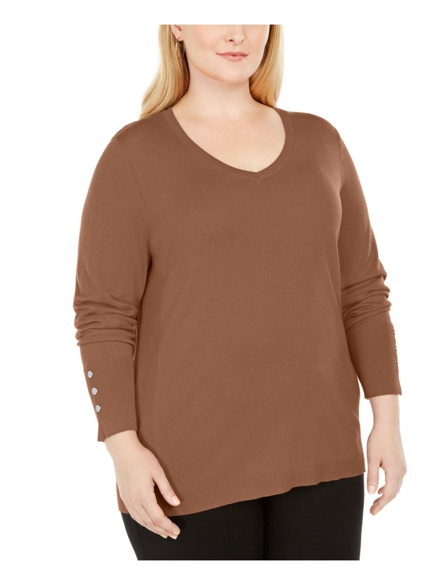 JM Collection Women's Solid Long Sleeve Scoop Neck T-Shirt Top Brown Size 1X