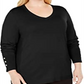 JM Collection Women's Plus Button Cuff V Neck Sweater Black Size 2X