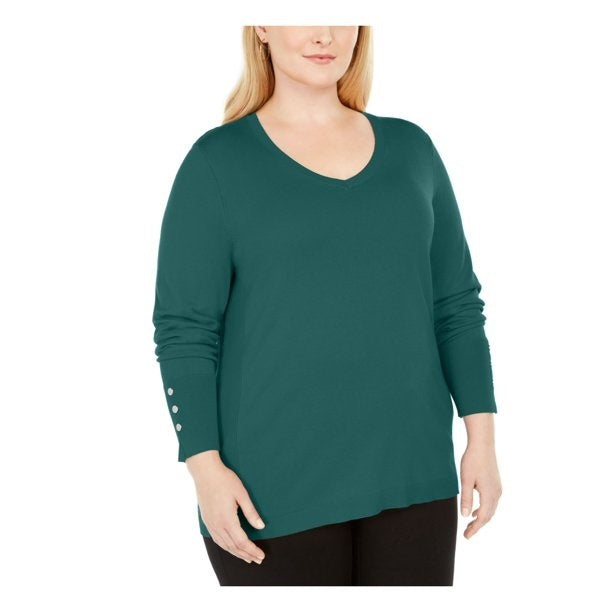 JM Collection Women's Green Solid Long Sleeve Scoop Neck T-Shirt Top Green Size 3X