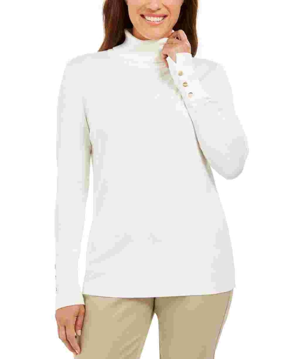 JM Collection Women's Stud Sleeve Pullover Turtleneck Sweater White Size Large