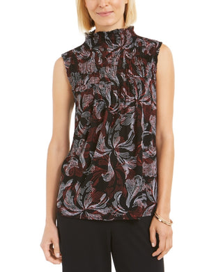 Alfani Women's Printed Smocked Mock-Neck Top Red Size Medium