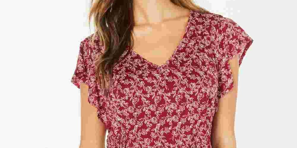 Style & Co Women's Smocked Side Flutter Sleeve Top Red Size XX-Large