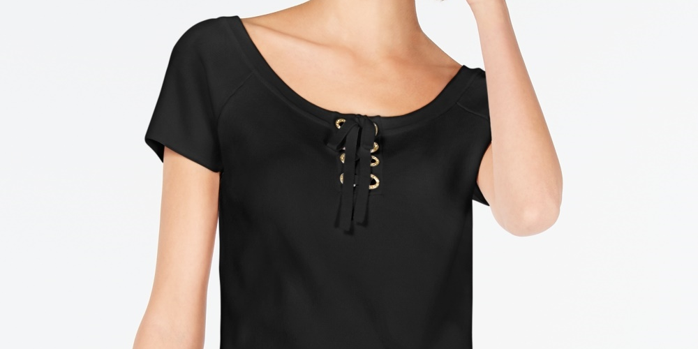 INC International Concepts Women's Solid Lace Up Top Black Size Medium