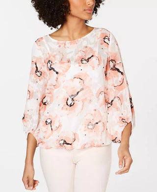 Alfani Women's Petite Printed Bubble-Hem Top Orange Size Medium