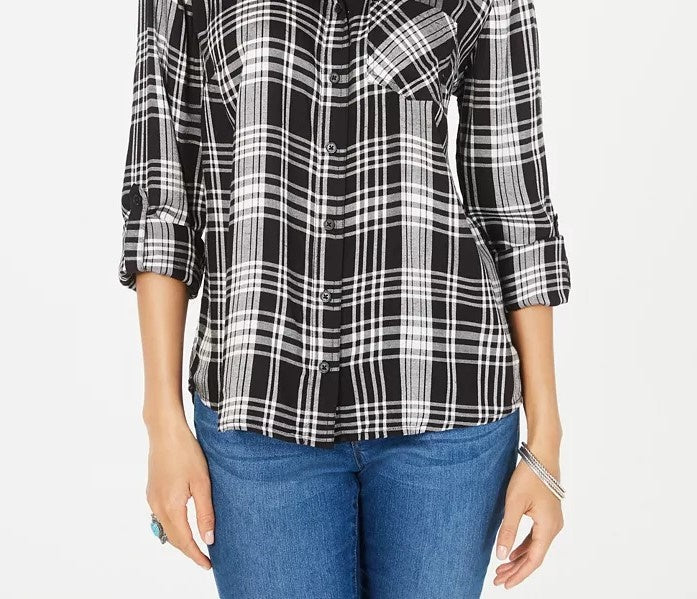 Style & Co Women's Plaid One-Pocket Shirt Black Size Medium